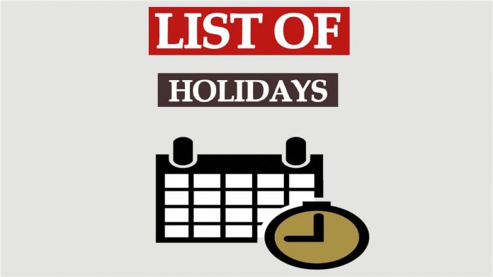 2022 List of Holidays